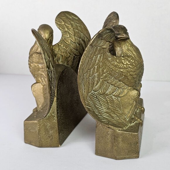 Vintage 1980's American Bald Eagle Open Wing MCM Heavy Brass Set of Bookends - Picture 7 of 8